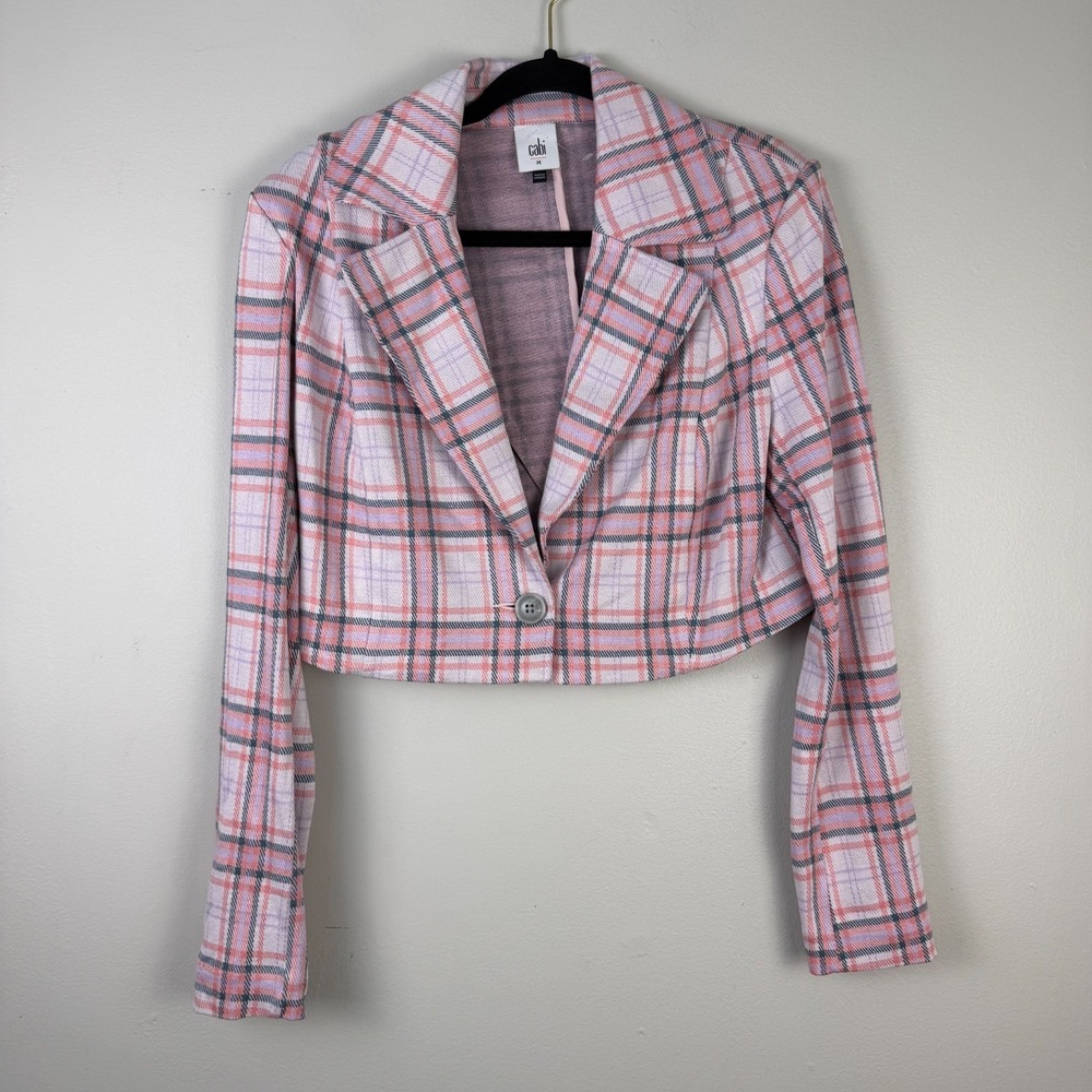 Cabi Cropped Jacket Blazer Womens Medium Pink Plaid Single Button Classic Career